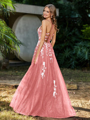 Spitze Applique Hoher Schlitz Tüll Kleid Flamingo