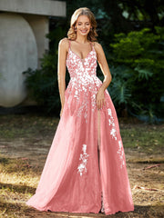 Spitze Applique Hoher Schlitz Tüll Kleid Flamingo