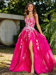 Spitze Applique Hoher Schlitz Tüll Kleid Fuchsia