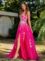 Spitze Applique Hoher Schlitz Tüll Kleid Fuchsia