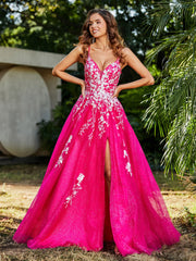 Spitze Applique Hoher Schlitz Tüll Kleid Fuchsia