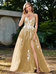Spitze Applique Hoher Schlitz Tüll Kleid Gold Übergröße