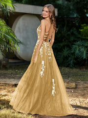 Spitze Applique Hoher Schlitz Tüll Kleid Gold