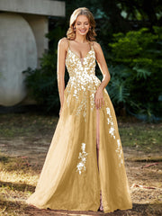 Spitze Applique Hoher Schlitz Tüll Kleid Gold