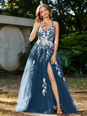 Spitze Applique Hoher Schlitz Tüll Kleid Tinte blau