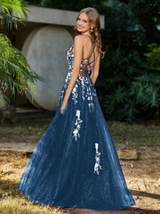 Spitze Applique Hoher Schlitz Tüll Kleid Tinte blau