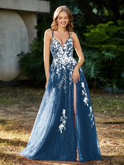 Spitze Applique Hoher Schlitz Tüll Kleid Tinte blau