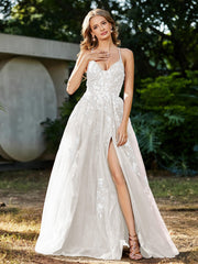 Spitze Applique Hoher Schlitz Tüll Kleid Elfenbein