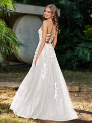 Spitze Applique Hoher Schlitz Tüll Kleid Elfenbein