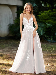 Spitze Applique Hoher Schlitz Tüll Kleid Elfenbein