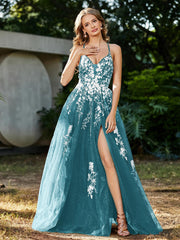 Spitze Applique Hoher Schlitz Tüll Kleid Jade Übergröße