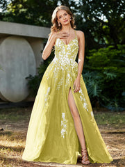 Spitze Applique Hoher Schlitz Tüll Kleid Zitrone