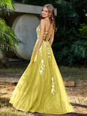 Spitze Applique Hoher Schlitz Tüll Kleid Zitrone