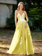 Spitze Applique Hoher Schlitz Tüll Kleid Zitrone