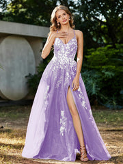 Spitze Applique Hoher Schlitz Tüll Kleid Lila