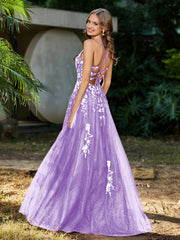 Spitze Applique Hoher Schlitz Tüll Kleid Lila