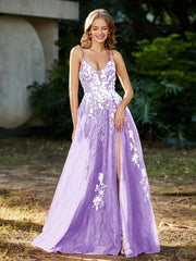Spitze Applique Hoher Schlitz Tüll Kleid Lila
