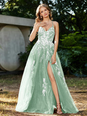 Spitze Applique Hoher Schlitz Tüll Kleid Minzgrün Übergröße