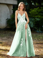 Spitze Applique Hoher Schlitz Tüll Kleid Minzgrün