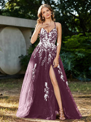 Spitze Applique Hoher Schlitz Tüll Kleid Maulbeere