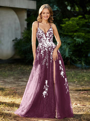 Spitze Applique Hoher Schlitz Tüll Kleid Maulbeere