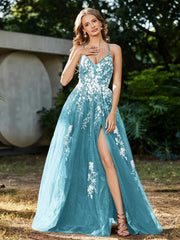 Spitze Applique Hoher Schlitz Tüll Kleid Schwimmbadblau Übergröße