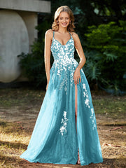 Spitze Applique Hoher Schlitz Tüll Kleid Schwimmbadblau