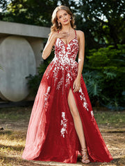 Spitze Applique Hoher Schlitz Tüll Kleid Rot