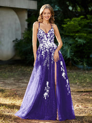 Spitze Applique Hoher Schlitz Tüll Kleid Regentschaft