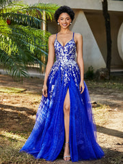 Spitze Applique Hoher Schlitz Tüll Kleid Königsblau Übergröße