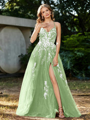 Spitze Applique Hoher Schlitz Tüll Kleid Salbei Übergröße