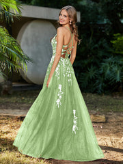 Spitze Applique Hoher Schlitz Tüll Kleid Salbei