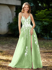 Spitze Applique Hoher Schlitz Tüll Kleid Salbei