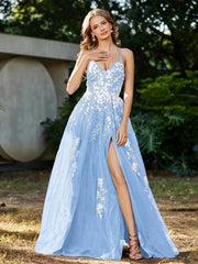Spitze Applique Hoher Schlitz Tüll Kleid Himmelblau