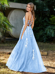 Spitze Applique Hoher Schlitz Tüll Kleid Himmelblau