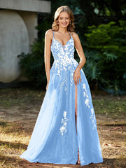 Spitze Applique Hoher Schlitz Tüll Kleid Himmelblau