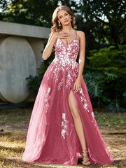 Spitze Applique Hoher Schlitz Tüll Kleid Wassermelone Übergröße