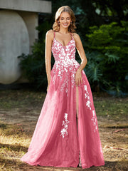 Spitze Applique Hoher Schlitz Tüll Kleid Wassermelone