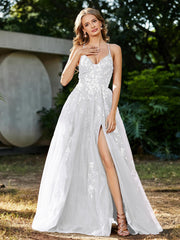Spitze Applique Hoher Schlitz Tüll Kleid Weiß