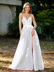 Spitze Applique Hoher Schlitz Tüll Kleid Weiß