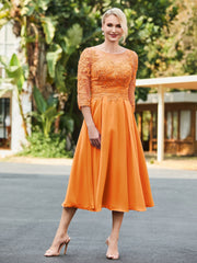 A-Linie Spitzen Applikationen Wadenlang Kleid Orange