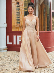 Metallische Perlen Spitze Applikation Mieder Kleid mit Tasche Champagner Gold