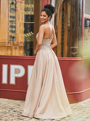 Metallische Perlen Spitze Applikation Mieder Kleid mit Tasche Champagner Gold