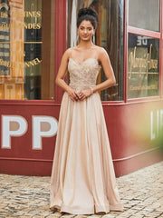 Metallische Perlen Spitze Applikation Mieder Kleid mit Tasche Champagner Gold