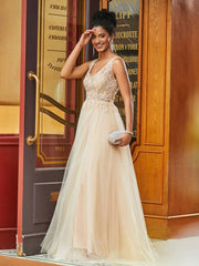 Boho Spitze Mieder Quadratisch Neck A-Linie Tüllkleid Champagner