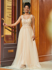 Boho Spitze Mieder Quadratisch Neck A-Linie Tüllkleid Champagner