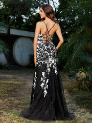 Spitze Applique Hoher Schlitz Eingebaut Tüll Kleid Schwarz