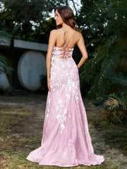 Spitze Applique Hoher Schlitz Eingebaut Tüll Kleid Zartrosa