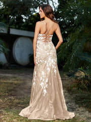 Spitze Applique Hoher Schlitz Eingebaut Tüll Kleid Champagner