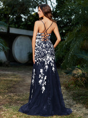 Spitze Applique Hoher Schlitz Eingebaut Tüll Kleid Dunkelmarine